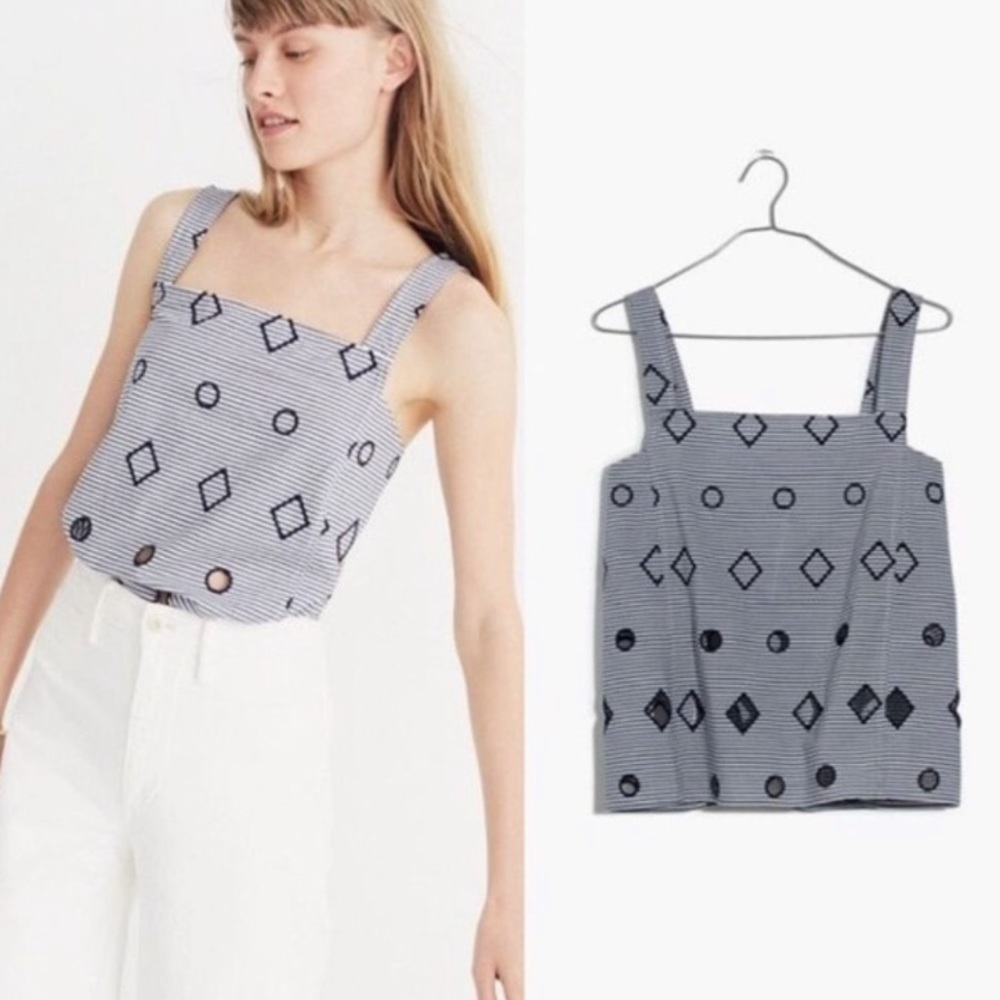 Madewell Embroidered Stripe Apron Geo Top Sleeveless Square Neck Blue White XS 2